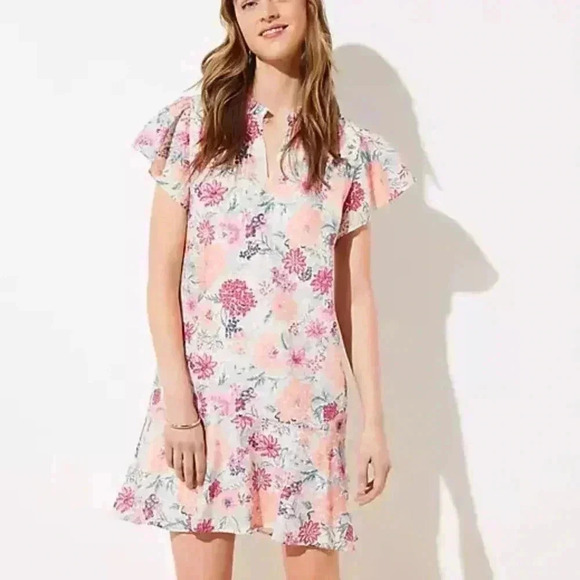 LOFT Floral Flutter Flounce Dress - Pink - S - Picture 1 of 12